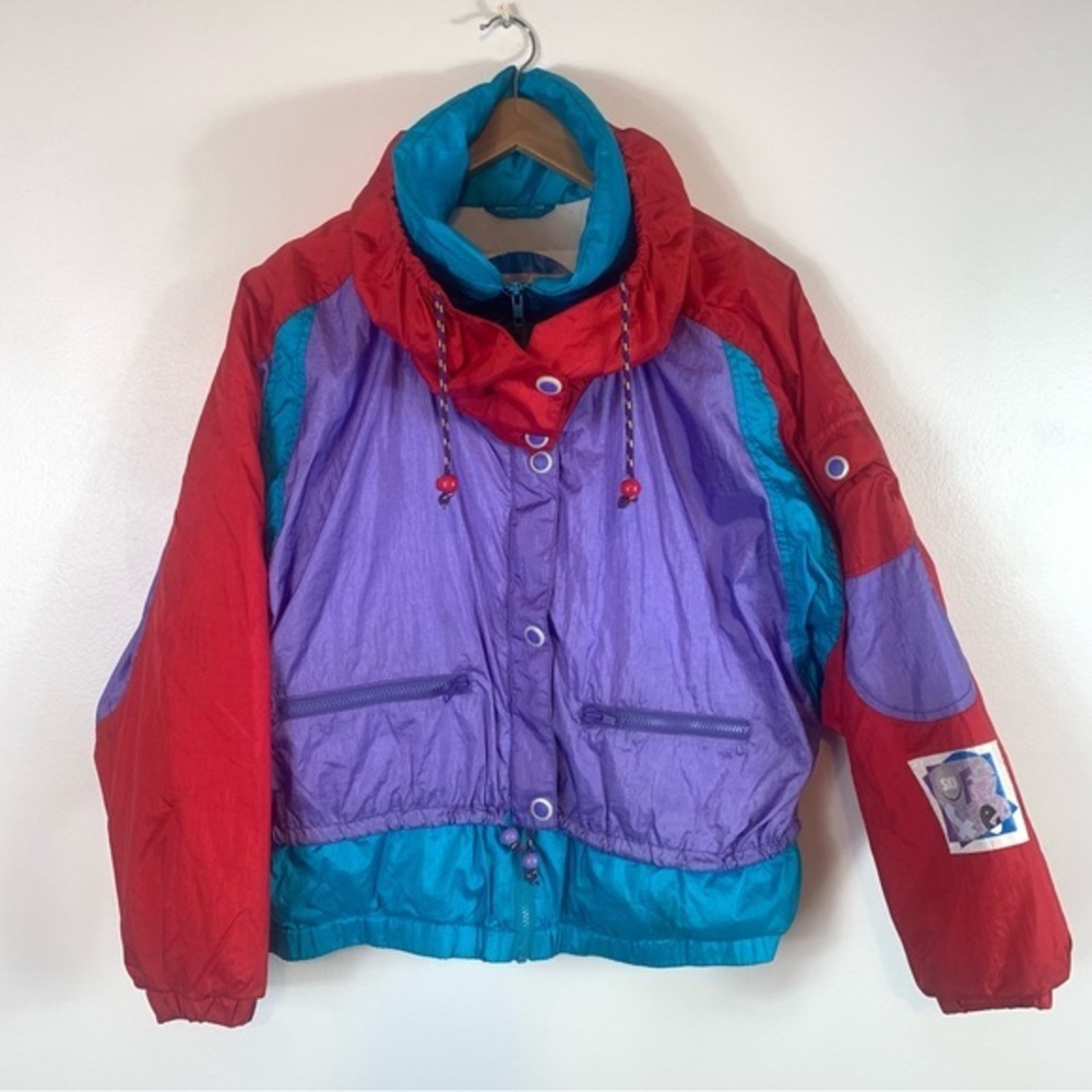 Vintage Roffe 80s or 90s Colorful Ski Snow Jacket Red Purple Blue Juniors 16 - Picture 1 of 15